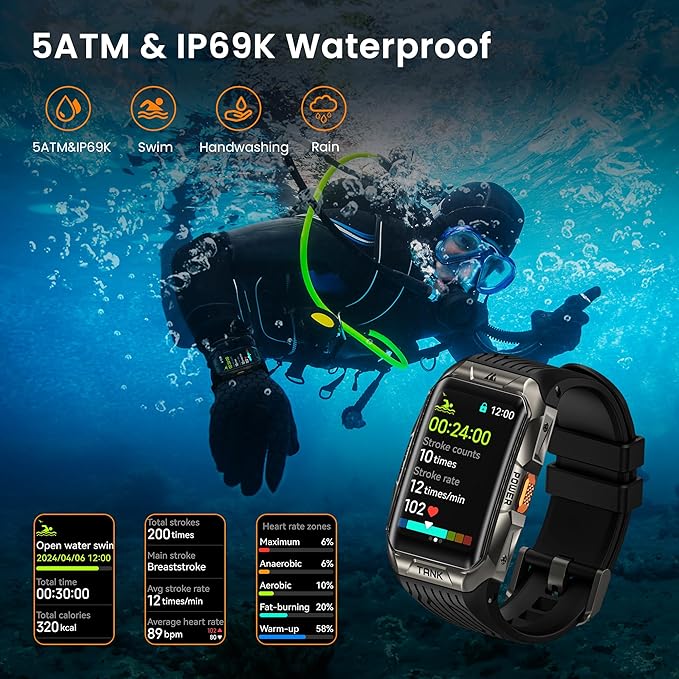 KOSPET Tank X2 Ultra GPS Smart Watch, 3D Curved Glass, Stainless Steel Unibody, 6 Satellite Positioning, Compass, 50M Waterproof, Answer/Make Call, 1.64" AMOLED Screen