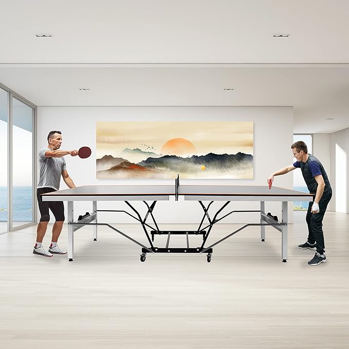 SereneLife Indoor Table Tennis Table – Durable MDF Top for Optimal Bounce, Foldable Design, Swivel Locking Wheels, Net & Paddle Storage, Quick 40-Min Assembly, Box Steel Apron, Matte Grey Finish
