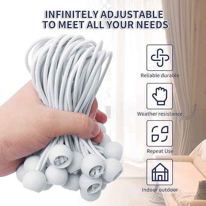 6 Inch Ball Bungee Cords, Heavy Duty UV Resistant Elastic Strap, Reusable Tie Down Cord with Balls, Indoor Outdoor Cords for Golf Net, Soccer Goals, Camping, Tent Poles, Hose (White, 50 Pack)