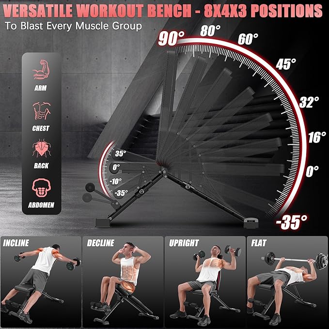 OPPSDECOR Fitness Weight Bench, 900LBS Adjustable Incline/Decline/Flat Bench with Quick Folding & Setup, Strength Training Bench Press Bench for Home Gym Full Body Workout