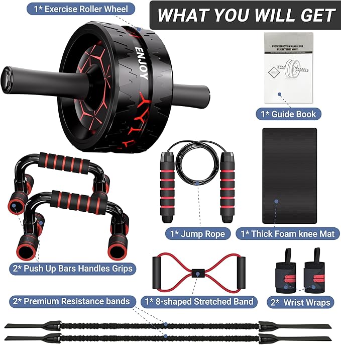 Readaeer Ab Roller Wheel, Ab Exercise Wheels Kit with Ab Roller, Resistance Bands, Knee Mat, Jump Rope, Push-Up Bar