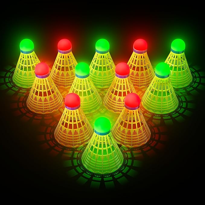 HIRALIY LED Badminton Birdies 6/12 PCS, 360 Nylon Glow in The Dark Badminton Shuttlecocks for Baseball Backyards Practice, 2 Color Plastic Light Up Birdie Set for Indoor Outdoor Sports Activities
