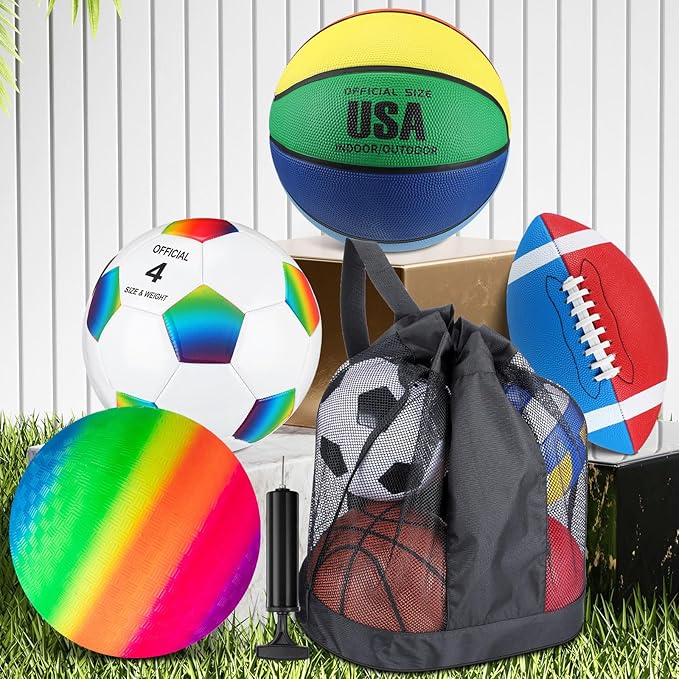 Deekin 4 Pcs Sport Balls Set for Kids Teens, Include Official Size 5 Basketball 4 Soccer 6 Football Playground Ball and Pump Sports Equipment Bag Recess Equipment Sport for Students(Rainbow Color)