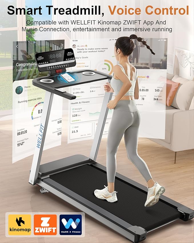 WELLFIT Incline Treadmill for Home, Heavy Duty Treadmills with 3.5HP 8.6MPH 375 lb Capacity, 18 inch Wide Running Area Commercial Treadmill with LED Screen and Bluetooth Player