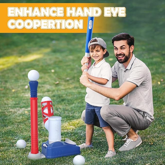 EagleStone Baseball Tee，T-Ball Set for Kids Ages 3-5, Toddler Baseball Set with Step-On Pitching Machine, Adjustable Batting Tee, Bat and 6 Balls - Perfect Outdoor Christmas Toys Gift for Boys