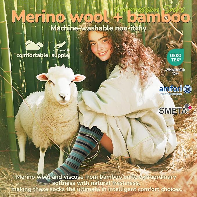 Merino Wool Compression Socks for Women Men, 15-20 mmHg, Soft & Breathable for Travel, Running, Pregnancy