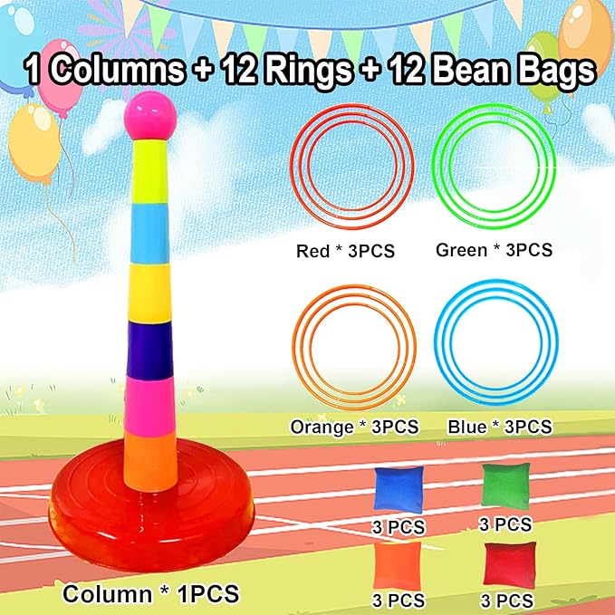 Colorful Plastic Sport Ring Toss Game Set for Kids,1 Colorful Columns+24 Rings+12 Bean Bags,Outside Toys Carnival Ring Circle Game,Outdoor Kids Sports Educational Toys