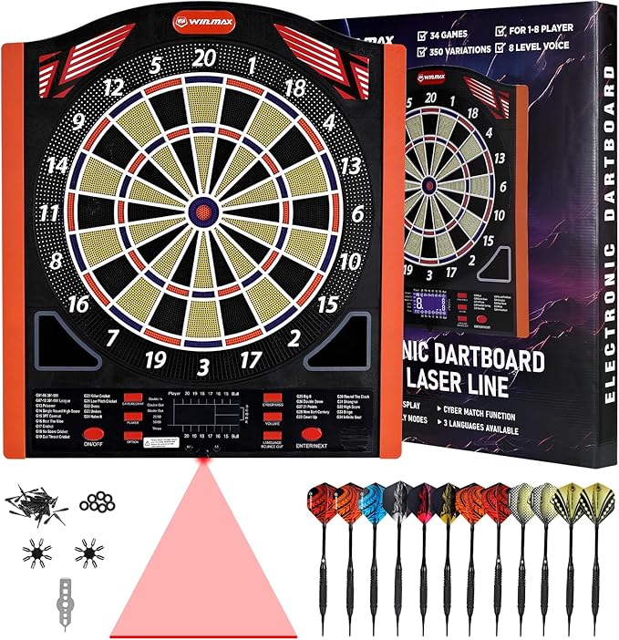 Professional Electronic Dartboard Set with Laser Toe Line, 34 Games & 350 Modes, 1-8 Players, Includes 12 Darts, Suitable for Batteries/Adapters
