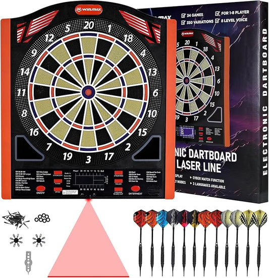 Professional Electronic Dartboard Set with Laser Toe Line, 34 Games & 350 Modes, 1-8 Players, Includes 12 Darts, Suitable for Batteries/Adapters