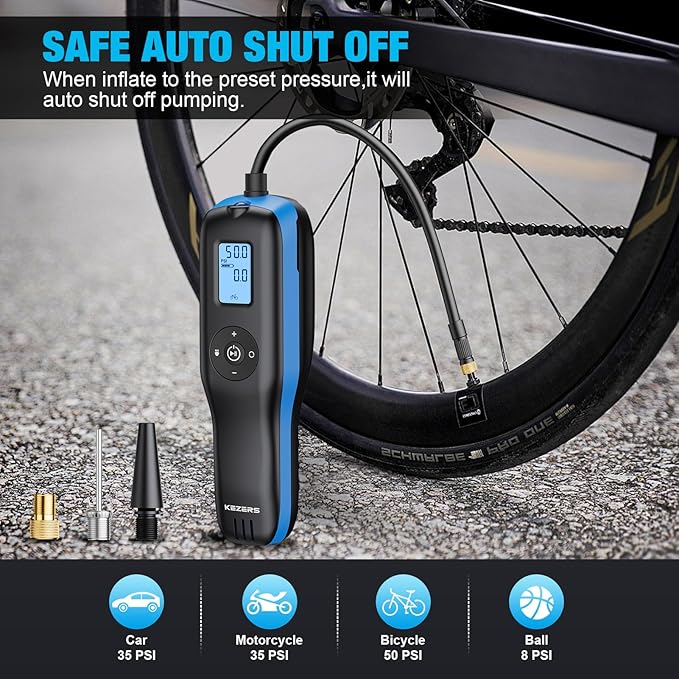 KEZERS Bicycle Tire Inflator, Portable 160PSI Air Pump,Cordless Air Compressor with Digital Pressure Gauge,Rechargeable Battery,Emergency Light,Tire Inflator for Car,Motorcycle,Bike,Ball