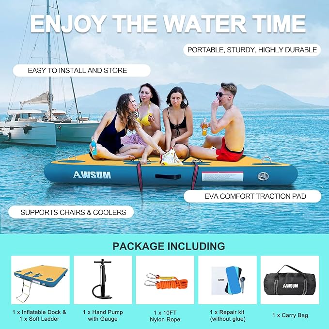 AWSUM Inflatable Floating Dock Air Dock Platform, 6ft/8ft Non-Slip Inflatable Water Mat Floating Island Raft for Lake Pool Beach Ocean
