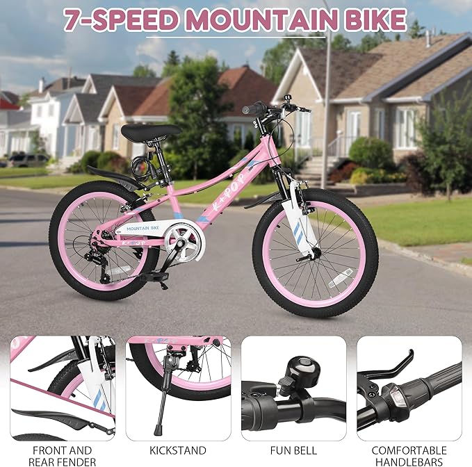 20 24 Inch Kids Bike, 7-Speed Girls Boy Mountain Bike, Front Suspension Fork Kids' Bicycles Girls Boys Bikes Ages 8-12, Front and Rear V Brakes