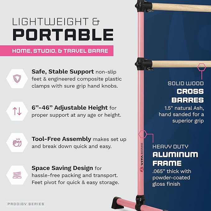 VITA Barre Portable Freestanding Double Ballet Barre, Prodigy, Wood | Adjustable Height, USA Made, Home or Gym Exercise Equipment for Kids & Adults | Dance, Fitness, Pilates