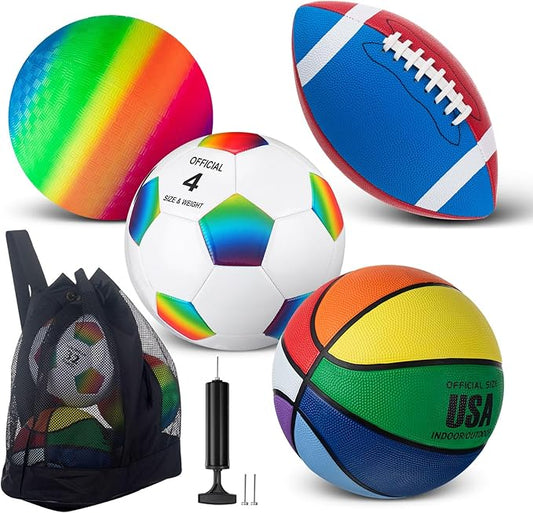 Deekin 4 Pcs Sport Balls Set for Kids Teens, Include Official Size 5 Basketball 4 Soccer 6 Football Playground Ball and Pump Sports Equipment Bag Recess Equipment Sport for Students(Rainbow Color)
