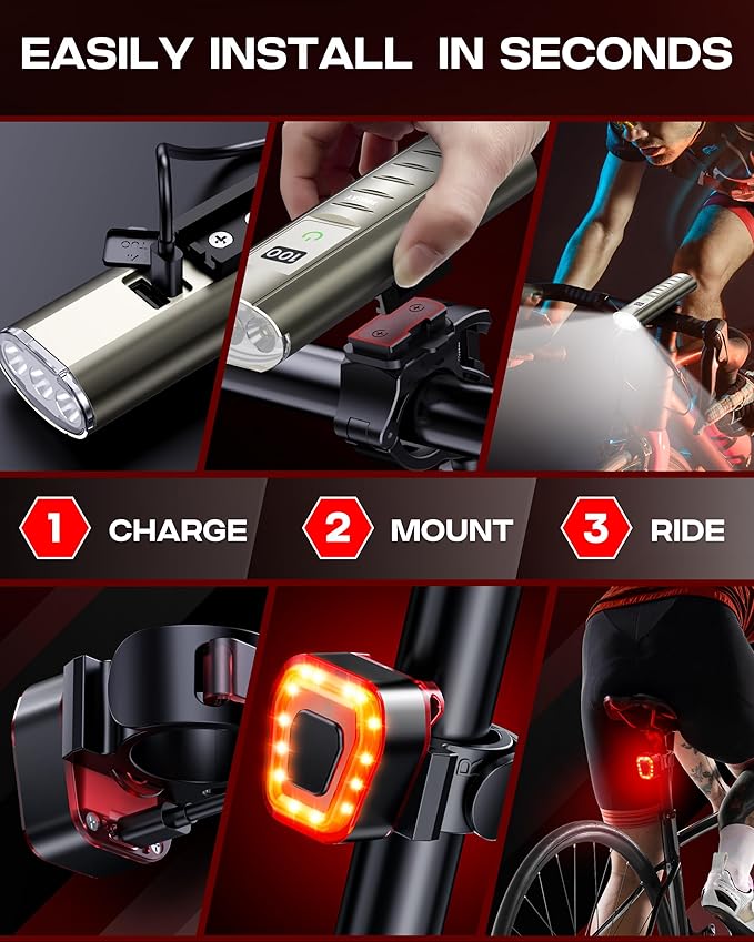 High Lumen Bike Light Set, Prasky Rechargeable Bicycle Lights Front and Rear, Super Bright LED Headlight, IP65 Waterproof Multiple Modes Road Mountain Bike Lights for Night Riding