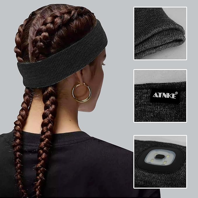 ATNKE 4 LED Lighted Sport Sweatband,USB Rechargeable Running Head Band Lamp High Stretch Wicking Gifts for Men and Women