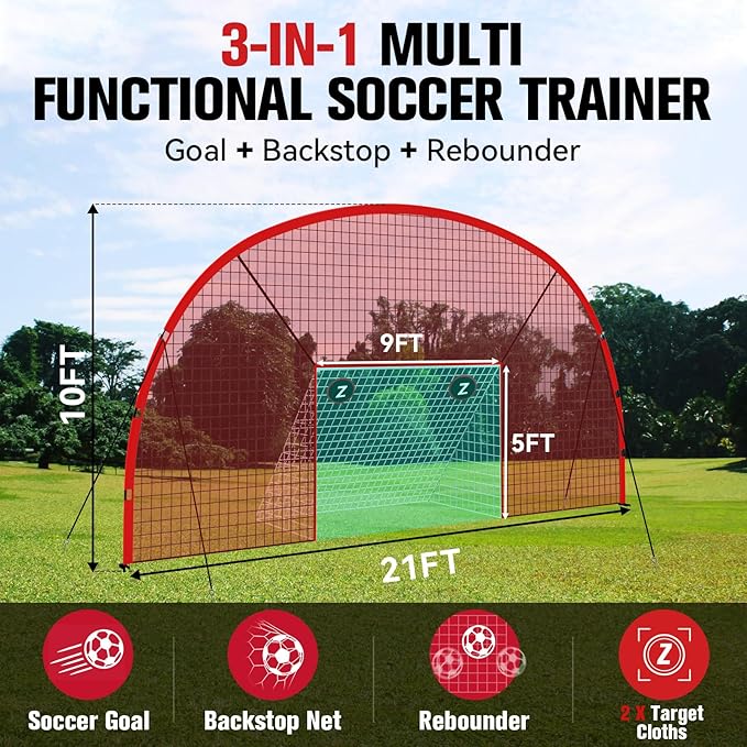 3-in-1 Soccer Goal with Backstop Net & Rebounder, 21x10ft Soccer Rebounder Net with 2 Targets, 36-Strand PE Net, Soccer Equipment for Training Shoot Pass Ball Control, Backyard Game