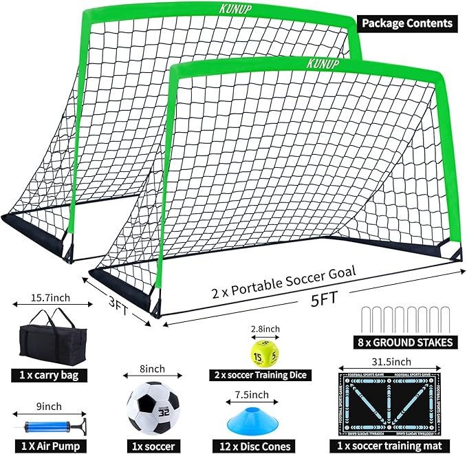 2 Pack Kids Soccer Goal for Backyard Set 5x3FT Portable Pop Up Soccer Net Training Equipment with Soccer Ball, Training Dice Mat, Cones and Carry Bag for Youth Toddler Teams Indoor Outdoor Sport Game