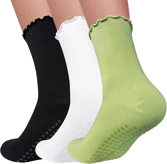 3 Pairs Pilates Socks with Grips Non Slip Ruffle Yoga Grip Socks for Women