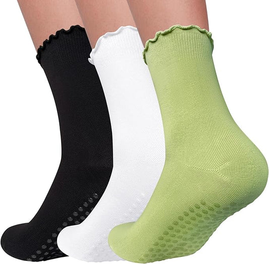 3 Pairs Pilates Socks with Grips Non Slip Ruffle Yoga Grip Socks for Women