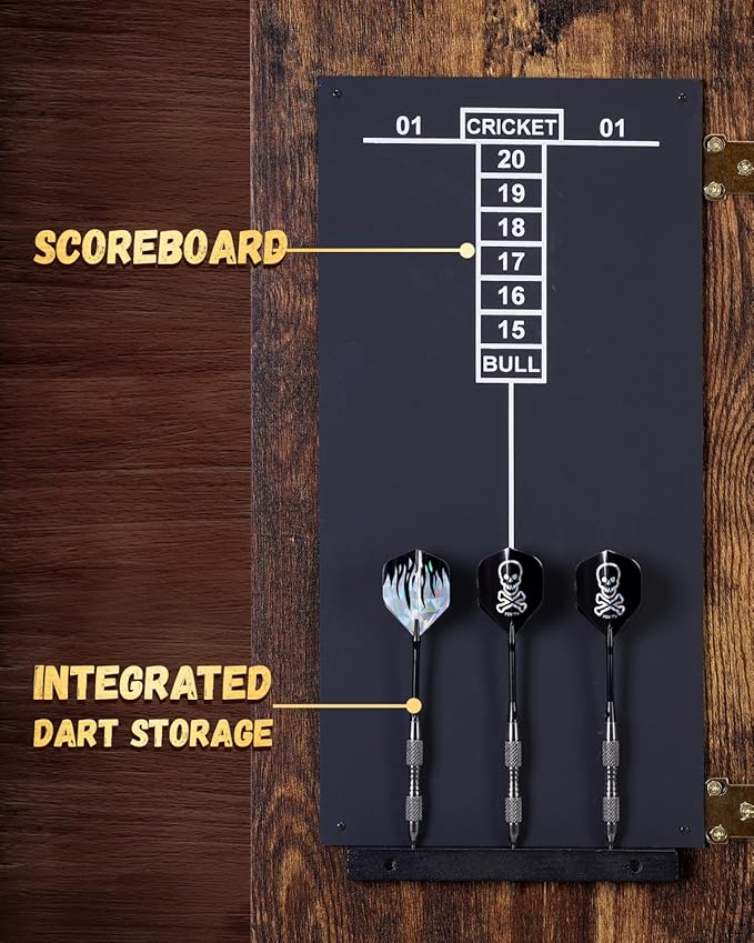 Sisal Dart Board Cabinet Sets, Decorative Dart Boards for Adults [12*Steel Darts] - Wooden Dartboard Cabinet with Integrated Scoreboard for Family Game Rooms