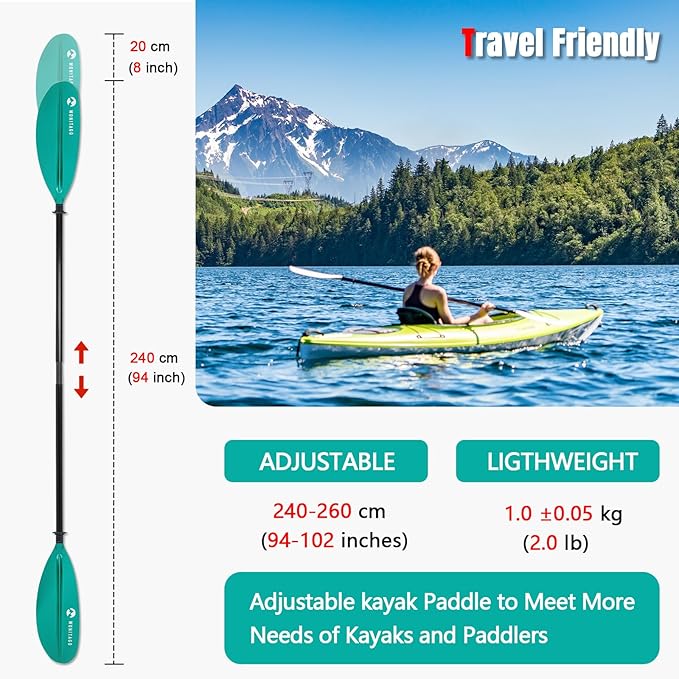 Kayak Paddles with Fiberglass Shaft and Reinforced PP Blade, Floating Adjustable Kayaking Oars, 3 Piece, 220-240 cm/86-94 Inches, 240-260 cm/94-102 Inches