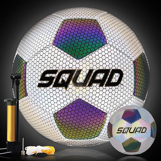 SQUAD Holographic Reflective Soccer Ball Size 5 - Reflective Glowing Ball for Night Games & Training - Durable PU Leather and Rubber Airbags - Cool & Unique Gift for Soccer Fans