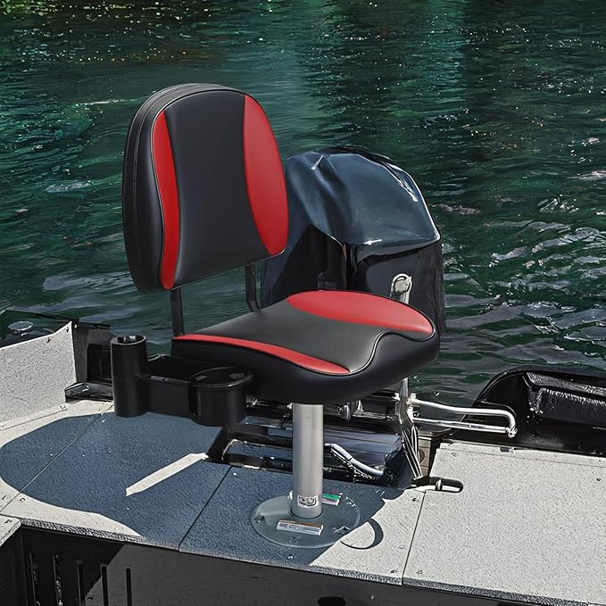 Folding Boat Seat Low Back Fishing Boat Seats with Caddy Organizer, Black/Red/Black