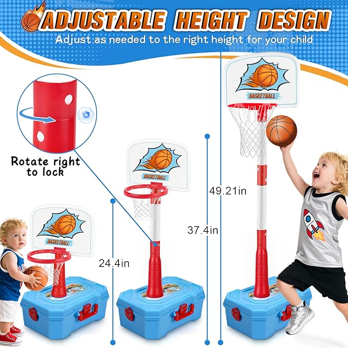 4 in 1 Toddler Basketball Hoop for Kids 1-3,Adjustable Height Kids Basketball Hoop,Stand with Hanging Tee Baseball & Automatic Pitcher,Toddler Indoor/Outdoor Toys for Boys Girls ,Gift for Birthday