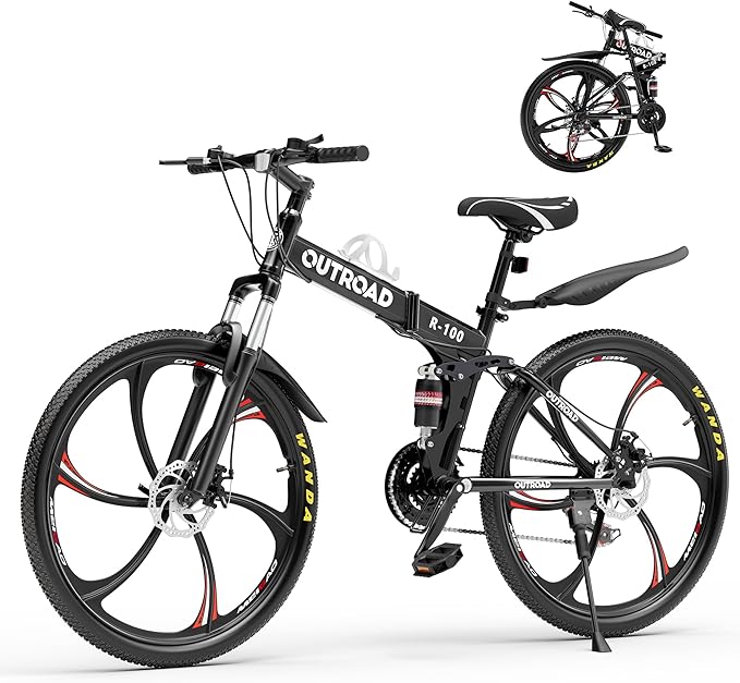 Betterland 26 Inch Folding Mountain Bike, 21 Speeds Full Suspension Foldable Bikes, Dual Disc Brake, High Carbon Steel Frame and Non-Slip Quick Release tire Bicycle for Adult