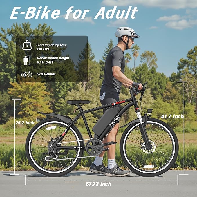 Electric Bike for Adults, 26'' Ebike, Up to 20-60 Miles 22MPH Electric Mountain Bike with 48V Removable Battery, Adjustable Stem, Fenders, Lockable Suspension Fork