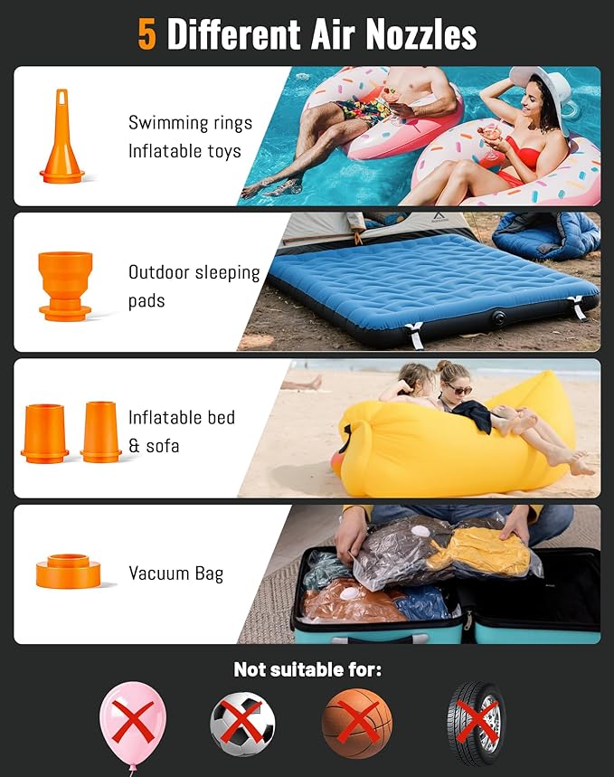 Electric Air Pump for Inflatables, 4kPa Rechargeable Portable Air Pump with Camping Light, Quickly Inflation Deflation for Camping, Travel, Pool Floats, Air Mattress, Vacuum Storage Bags