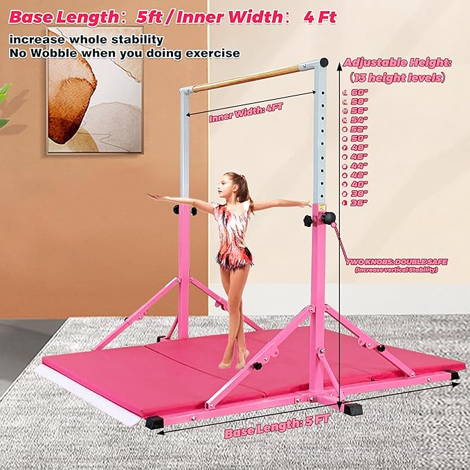MARFULA Gymnastic Bar for Kid and Teenage Ages 3-25, 5 FT / 8 FT Base Length, 4 FT Width 5 FT Height, Gymnastic Kip Bar Horizontal Bar for Gymnast, Gymnastic Training Equipment for Home and Club Use
