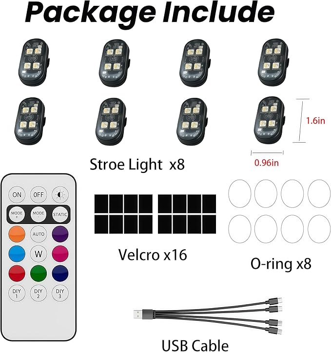 8PCS Wireless LED Strobe Lights with Remote Control, RGB 8 Colors Multifunction, USB Charging Waterproof Anti-Collision Tail Warning Mini Light for Car Motorcycle Trucks Bike Drone Aircraft (8)