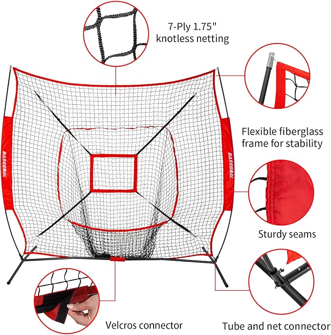 7'×7' Baseball Softball Practice Net,Baseball Backstop,with Batting Tee,for Hitting Pitching Batting Catching with Bow Frame,Bonus Strike Zone