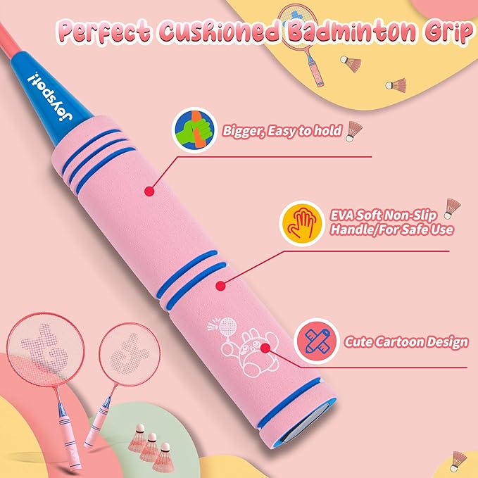 JOY SPOT! Kids Badminton Rackets Set with Soft Grip, Oversize & Lightweight Shuttlecocks Racquet with Carry Bag for Children Youth, 2 Player Sport Game for Indoor Outdoor Backyard