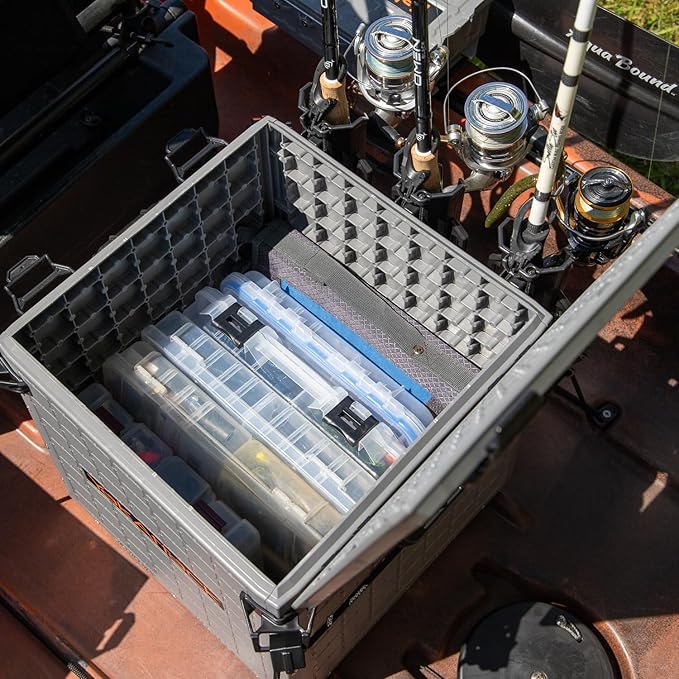 YakAttack BlackPak Pro 13" x 13" Fishing Crate with 3 Rod Holders - Battleship Grey | Compact Tackle Storage Box & Gear Organizer for Kayaks | Lightweight, Durable & Customizable Marine Accessory