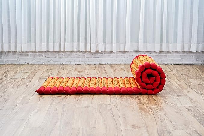 Leewadee - Foldable Floor Mattress - Japanese Roll Up Futon -Trifold Tatami Mat- Guest Floor Bed - Camping Mattress - Thai Massage Mat, Kapok Filled, 75 x 20 inches, Orange Red