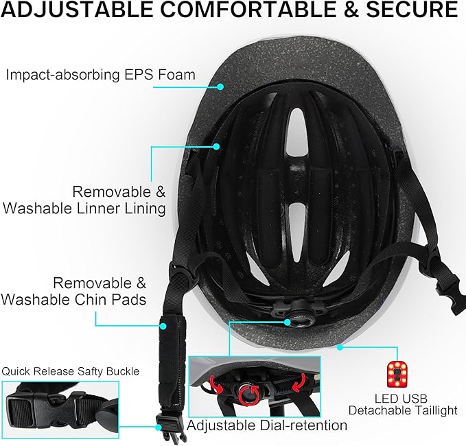 Bike Helmet Adult Urban:Bicycle Helmet for Men Women with USB Charge Detachable Taillight Helmets for Commuter Cycling Scooters