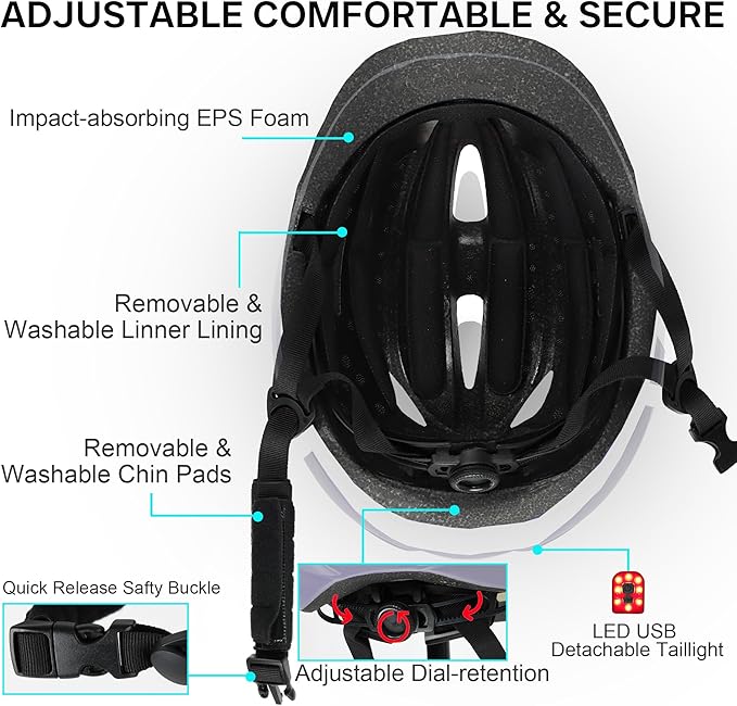Bike Helmet Adult Urban:Bicycle Helmet for Men Women with USB Charge Detachable Taillight Helmets for Commuter Cycling Scooters