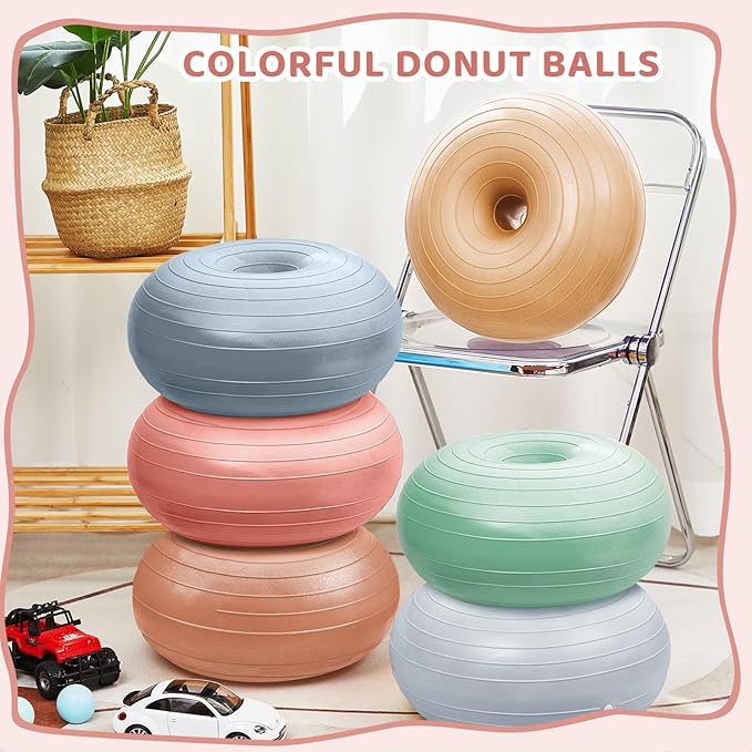 Lewtemi 6 Pcs Flexible Seating for Classroom Elementary 20 Inch Yoga Ball Chairs Large Inflatable Donut Exercise Ball Chair Stability Balance Trainer with Inflator for Kids Student(Boho Color)