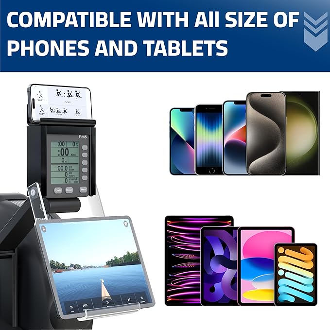 Phone & Tablet Holder Compatible with Concept 2 Rowing Machine & Skierg with PM5 Monitor, Rower Accessories, 2-in-1 Phone & Tablet Mount Stand for Model D&E and Rowerg, NOT for PM3/PM4, Patent Pending