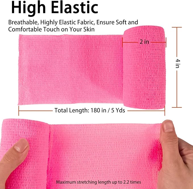 24 Pack Self Adhesive Bandage Wrap, 2” x 5 Yards Vet Wrap Cohesive Medical Tape Elastic Grip Tape Sports Tape Athletic for Ankle, Wrist Sprains, Pet (Pink, 4 Inch)