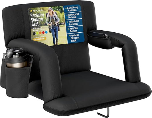 Alpcour Reclining Stadium Seat – Wide Bleacher Chair with Back Support and Cushion, Armrests, Side Pockets, and Bleachers Hook – Best Stadium Seats Chairs for Camping, Kayak, & Paddle Board Backs