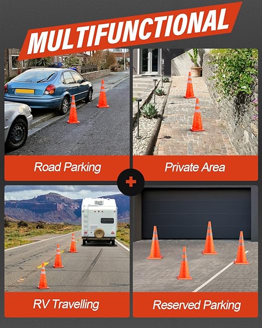 RoadHero 28 Inch 8 Pack Collapsible Traffic Cones, Multi Purpose Pop-up Orange Cones with Reflective Collar for Road Safety, Parking Cones for Sports, Driving Training