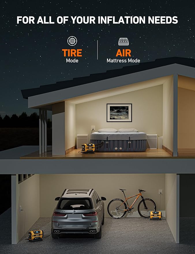 AstroAI Tire Inflator Portable Air Compressor Pump 150PSI 12V DC/110V AC with Dual Metal Motors &LED Light, Automotive Car Accessories&Two Modes for Car, Bicycle Tires and Air Mattresses, Yellow