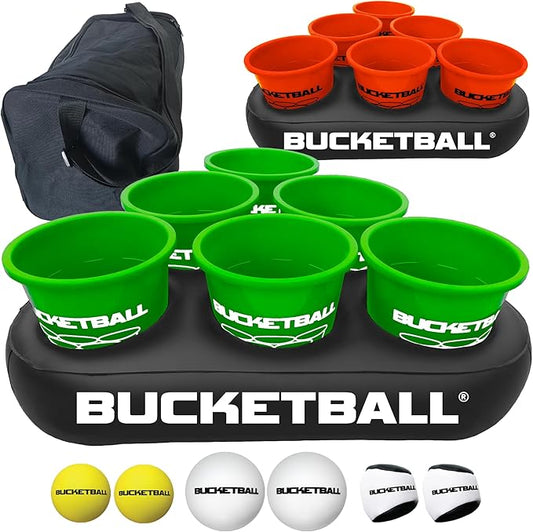 BucketBall | Team Color Edition | Party Pack (Green/Orange): Original Yard Pong Game: Best Camping, Beach, Lawn, Outdoor, Family, Adult, Tailgate, Jumbo, Giant Game