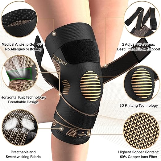 NEENCA Copper Knee Brace with Straps for Women/Men, Knee Compression Sleeve for Knee Pain, Arthritis, ACL, PCL, Meniscus Tear, Joint Pain Relief. Knee Support for Running, Workout, Weightlifting- Pair