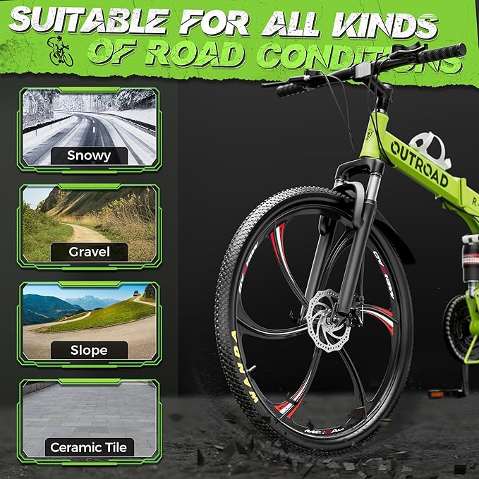 Outroad 26 Inch Folding Mountain Bike, 21 Speed Full Suspension High-Carbon Steel MTB Foldable Bicycle, Dual Disc Brake Non-Slip Folding Bikes for Adults/Men/Women, Black, Orange and Green