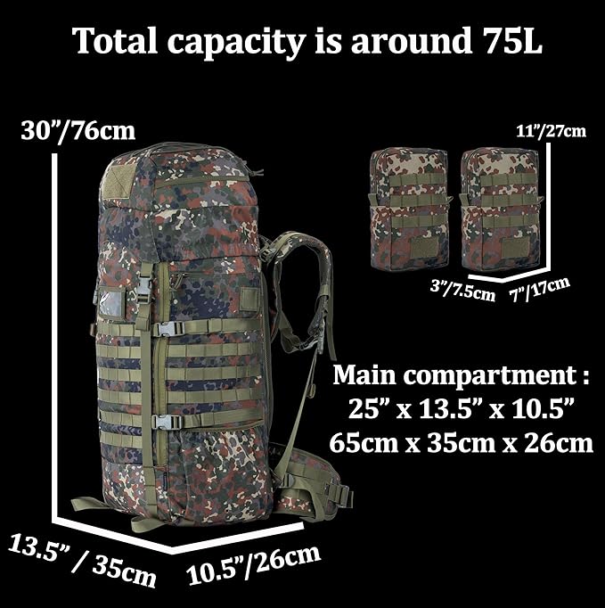 75L Tactical Backpack with Internal Frame, MOLLE, and Hydration System